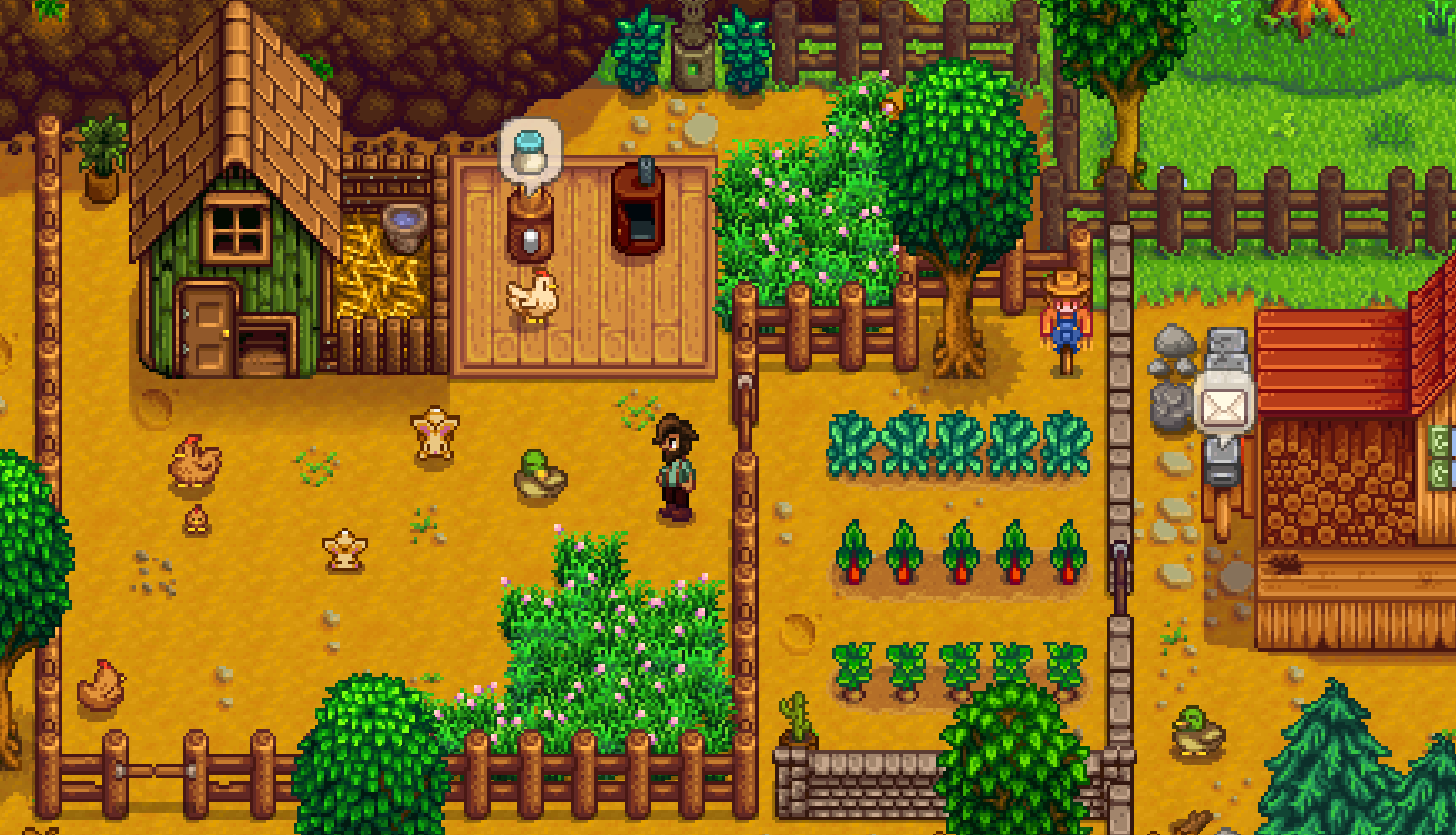 A Screenshot of Stardew Valley during the summer time. You see a male farmer tending to some chickens, ducks, and bunnies.