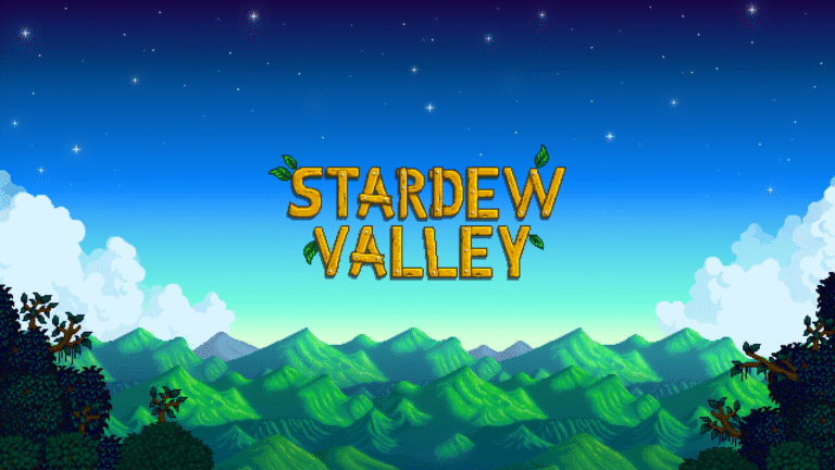 Stardew Valley logo that is overlooking a mountain range and trees in the foreground.
