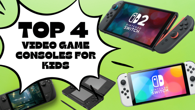 Top 4 Video Game Consoles for Kids Thumbnail with multiple consoles like the Switch 2, Switch, Nintendo DS, and Valve Steam Deck.